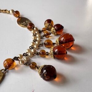 Vintage Louis Rousselet French Faux Pearl & Amber Glass Fringe Deco Motif Collar